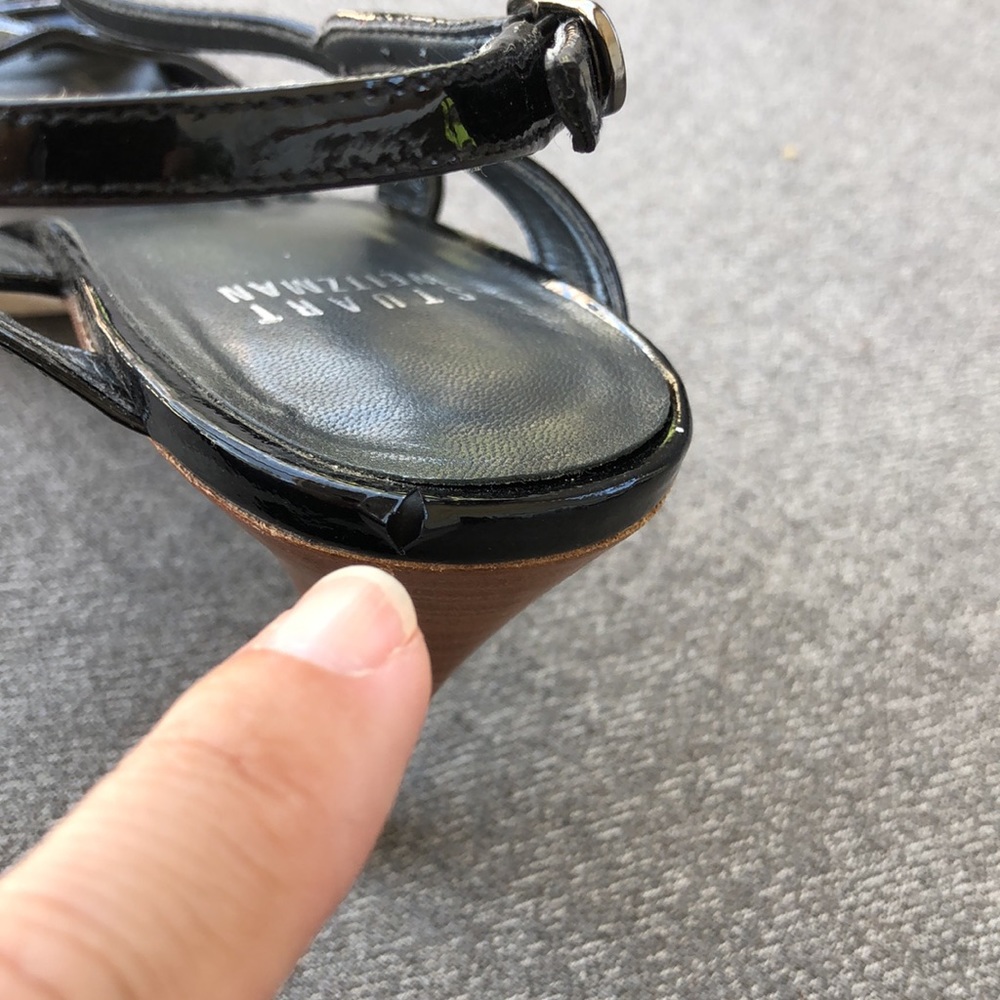 STUART WEITZMAN - Operetta Black Patent  Leather Heeled Sandals - Picture 6 of 12